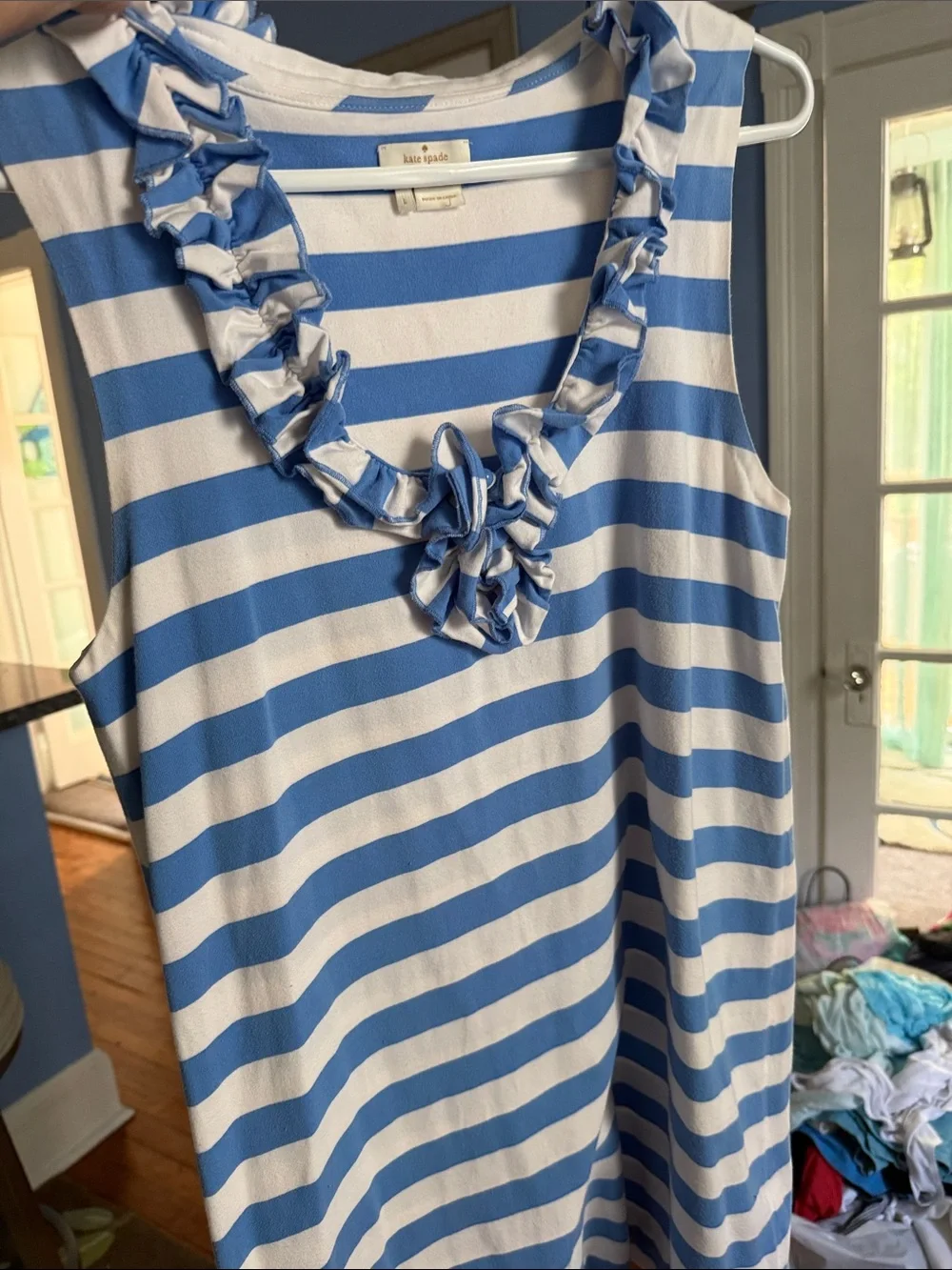 kate spade Blue and White Striped V-neck Ruffle mini dress